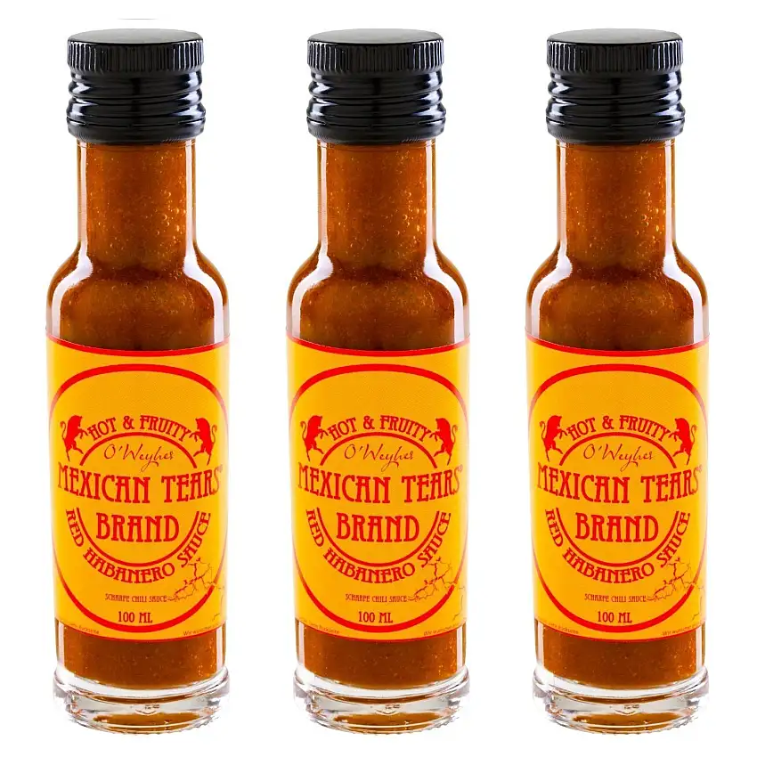 Mexican Tears® - Red Habanero Sauce - 3er Pack, scharfe Sauce aus Chili & Meersalz, perfekt als Grill-Zubehör für BBQ Sauce, Pulled Pork & zum Aufpeppen von Chicken Wings [3x100ml Chilisauce]