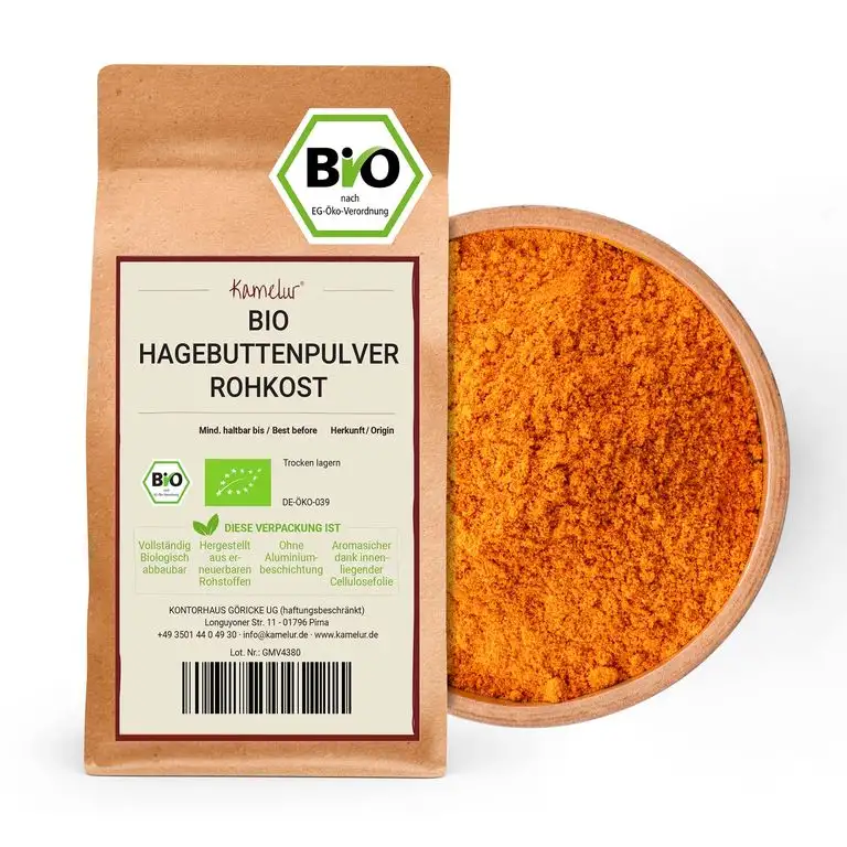 1kg BIO Hagebuttenpulver - Hagebutten schonend getrocknet und gemahlen, ohne Zusätze und aus EU-Landwirtschaft - Hagebuttenpulver BIO in biologisch abbaubarer Verpackung