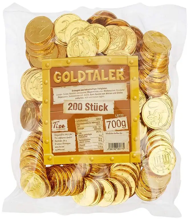 Tise Süsswaren Goldtaler Euromünzen Kakaotaler Schokoladengeschmack Kindergeburtstag Schatzsuche Karneval Fasching Wurfmaterial, 200 Stück