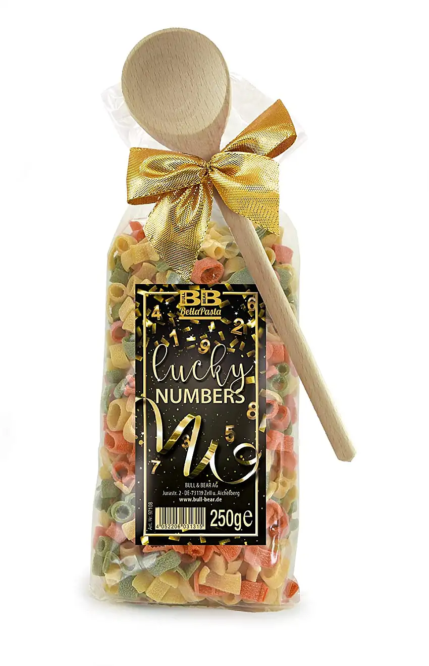 Bull & Bear Pasta Präsent bunte Zahlen-Nudeln “Lucky Numbers” 250g, Motivnudeln handgefertigt, Geschenk