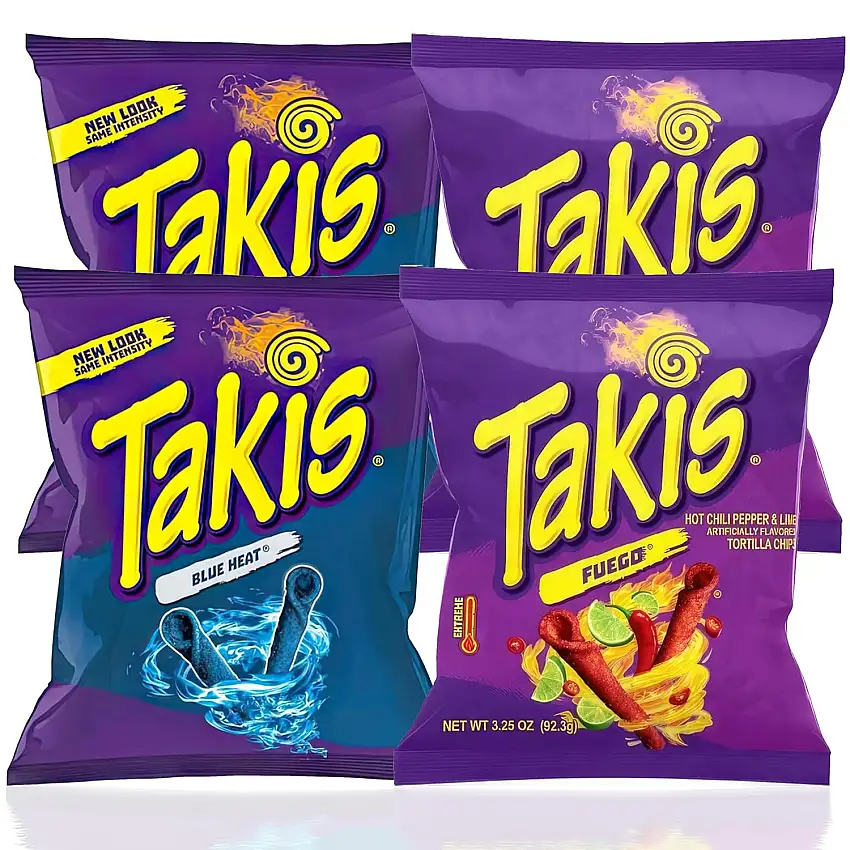 Takis Scharfes Snack-Bundle | 2x Blue Heat 92,3g und 2x Fuego 92,3g | Authentische Mexikanische Knusprige Snacks | Ideal für Partys und Scharf-Liebhaber + GETZH ThankYou Sticker
