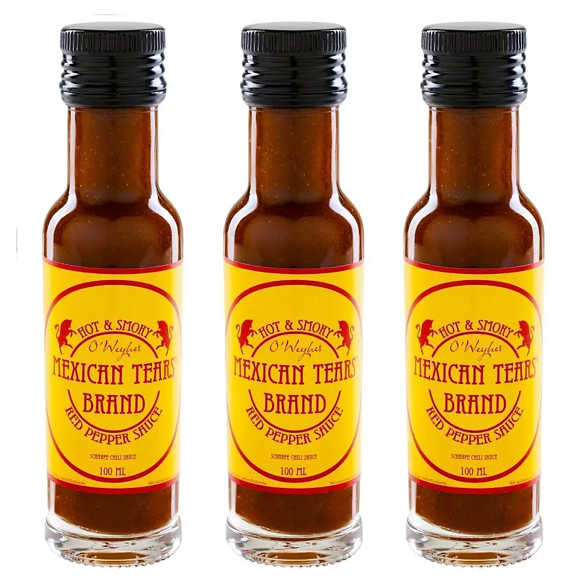 Mexican Tears® - Red Pepper Sauce - 3er Pack, scharfe Sauce aus Chili & Meersalz, perfekt als Grill-Zubehör für BBQ Sauce, Pulled Pork & zum Aufpeppen von Hamburgern [3x100ml Chilisauce]