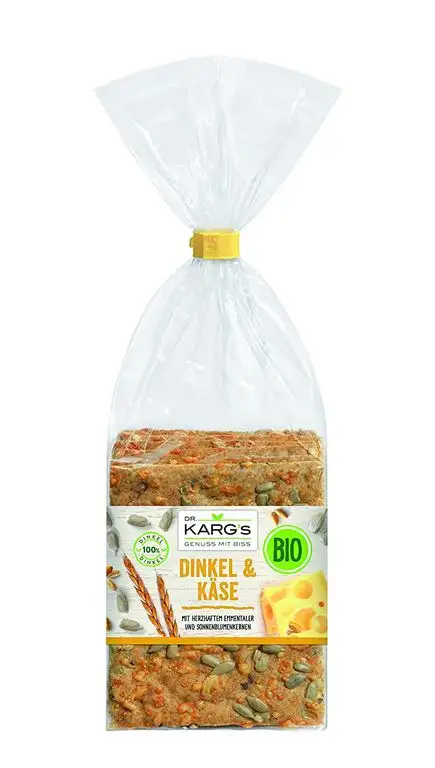 Dr. Karg BIO Dinkel Käse-Sonnenblumenkerne Feinschmecker-Knäckebrot, 5er Pack (5 x 200 g Beutel) - Bio