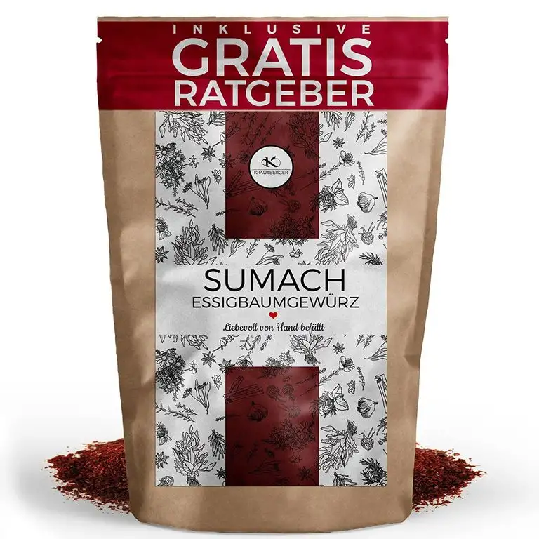 Sumach gemahlen Essigbaumgewürz 250g I Roter Sumak aus der Türkei inkl gratis Ratgeber hochwertiges Gewürz getrocknete Sumachfrüchte Pulver ohne Salz