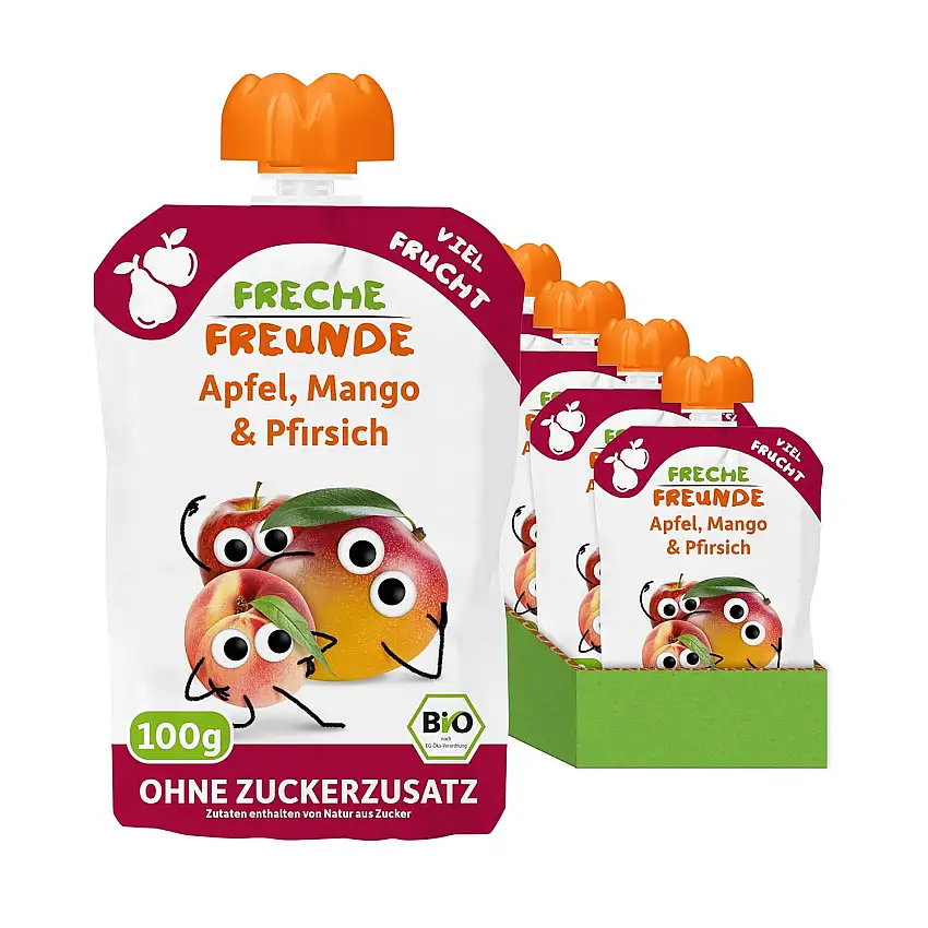 FRECHE FREUNDE Bio Quetschie Apfel, Mango & Pfirsich, Fruchtmus im Quetschbeutel für Babys ab 1 Jahr, glutenfrei und vegan, 6er Pack (6 x 100g)