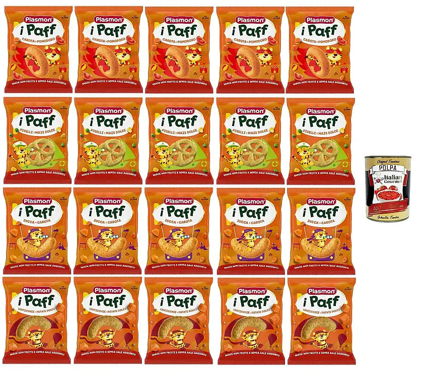 Plasmon Snack i Paff Testpaket Snacks, nicht frittiert und ohne Salzzusatz, perfekt für die kleinen Hände Ihres Kindes 20x15gr + Italian Gourmet polpa 400g