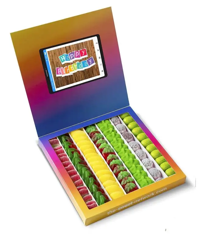 Fruchtgummi box Instagram 23x23cm mit HAPPY BIRTHDAY Nachricht, das Innere enthält 750 g fruchtgummi Fruit.