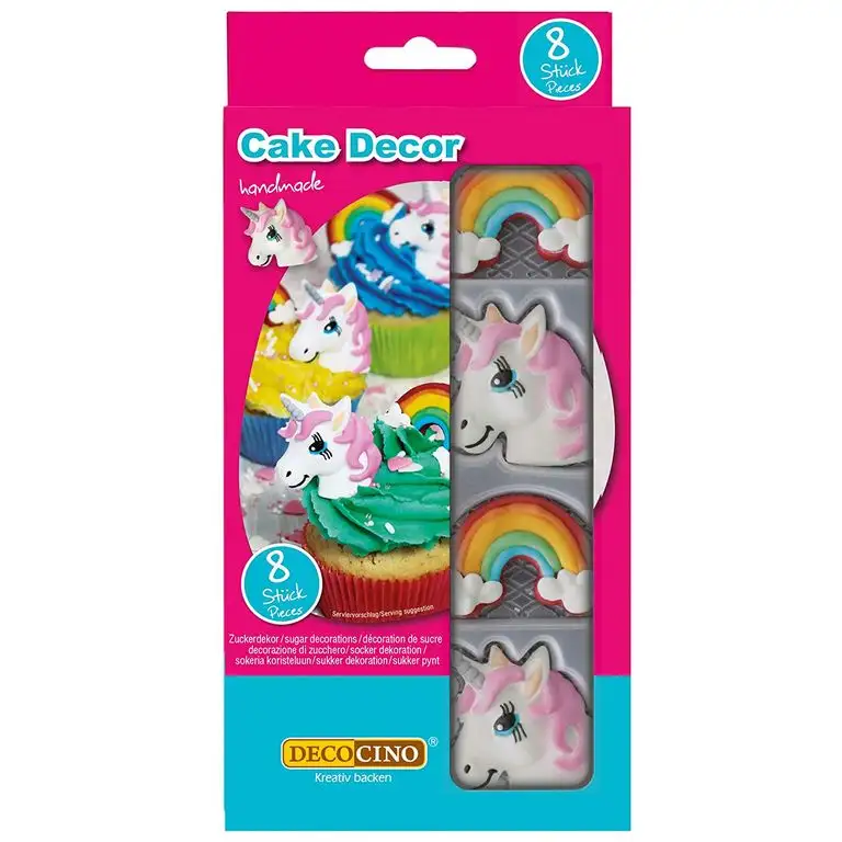 DECOCINO Cake Decor, Einhorn Zuckerdekor – 8 Stück – essbares Dekor, ideal zum Verzieren von Cupcakes, Kuchen und Torten – ohne Palmöl, glutenfrei und halal