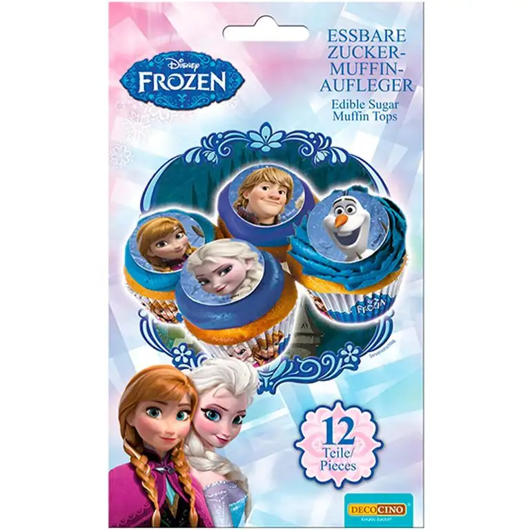 DECOCINO Muffin-Aufleger Frozen – 12 Stück, ø 4,5 cm - essbare Disney Eiskönigin Kuchen-Deko, ideal zum Verzieren und Dekorieren von Muffins & Cupcakes – laktosefrei & halal