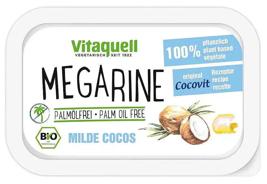 Vitaquell Megarine Milde Cocos Bio, 250 g - Pflanzen-Margarine palmölfrei mit frischem Geschmack nach Kokos