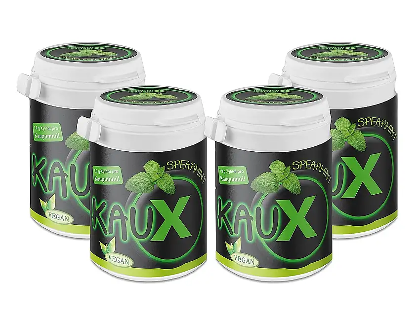 kauX Xylitol Zahnpflege-Kaugummi ohne Aspartam, 4'er Pack Spearmint (60g=40 Stück pro Dose)