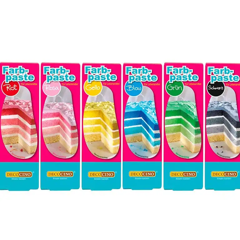 DECOCINO Farbpaste-Set 6er-Set – 6 x 25 g – Lebensmittelfarben in Rot, Rosa, Grün, Gelb, Blau und Schwarz, ideal zum Einfärben von Kuchen, Fondant und Cremes – AZO-Frei und Glutenfrei