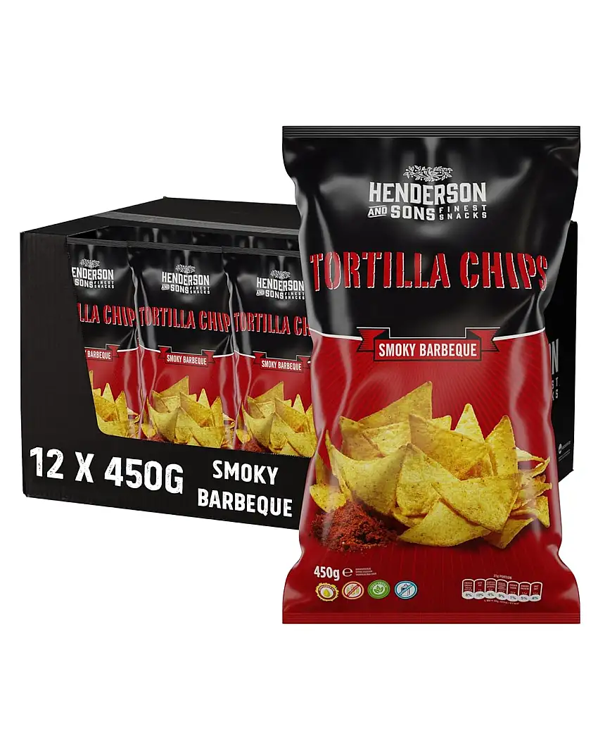 HENDERSON AND SONS Tortilla Chips Smoky Barbeque - 12 x 450 Gramm Beutel - Mais Tortillas mit Barbeque Geschmack - Perfekter Snack für Sportabende wie American Football oder Fußball