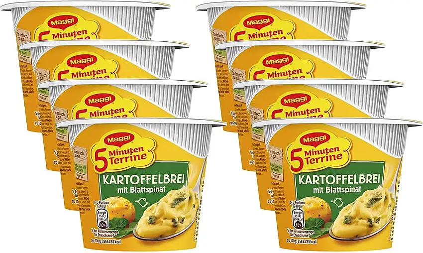 Maggi 5 Minuten Terrine Kartoffelbrei mit Blattspinat, 8er Pack (8 x 47 g)