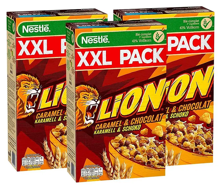 Nestlé Lion Cereals, Karamell und Schoko Cerealien mit Vollkorn, XXL Packung, 3er Pack (3 x 1kg)