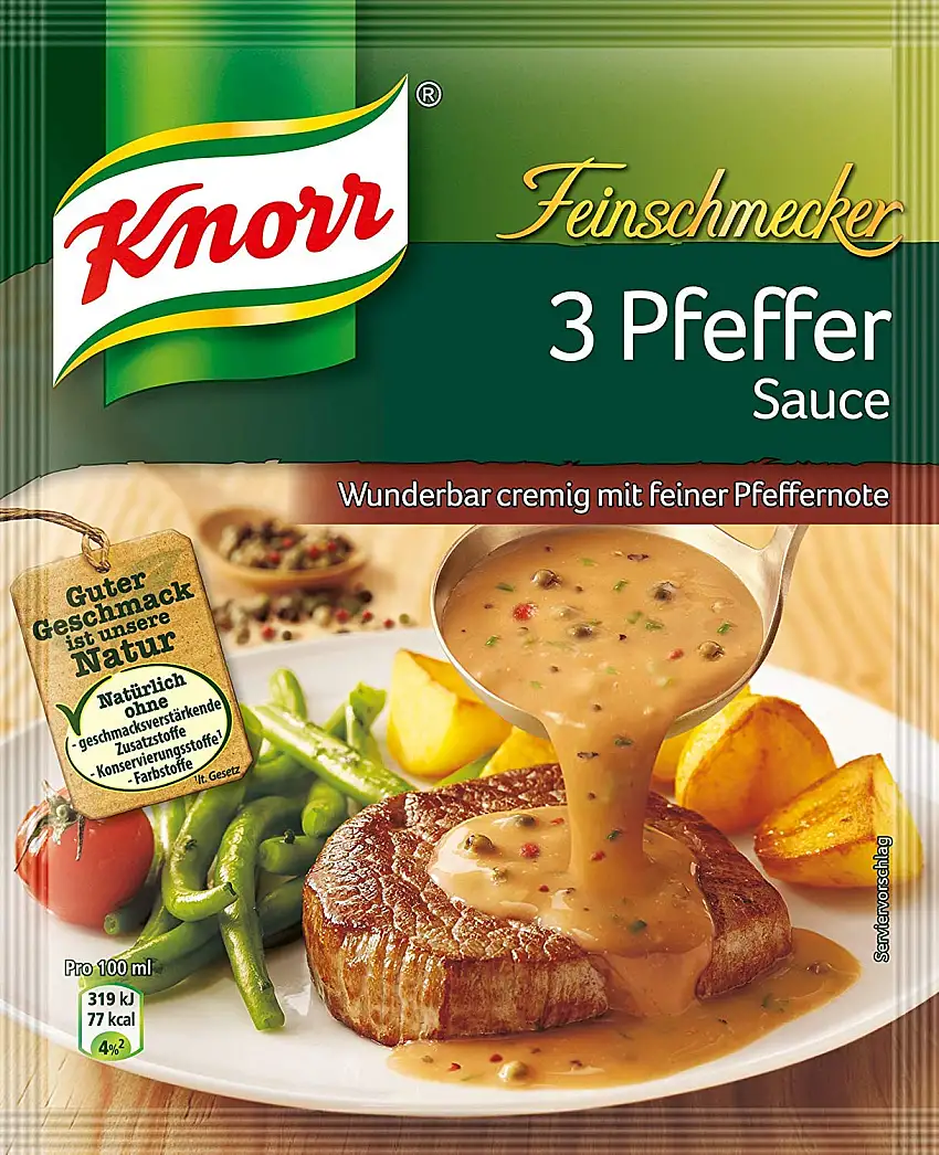 Knorr Feinschmecker 3 Pfeffer Sauce würzige Soße ohne geschmacksverstärkende Zusatzstoffe und Farbstoffe 250 ml 1 Stück