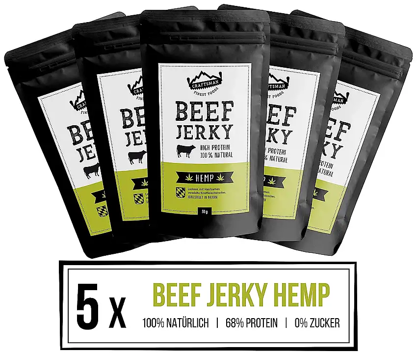 Craftsman Beef Jerky Hemp | 5 x 50 g = 250g | 100% Natürlich | Ohne Zucker | Trockenfleisch aus Deutschland - Bayern | Weiderind | 68% High Protein | mit Hanfsamen