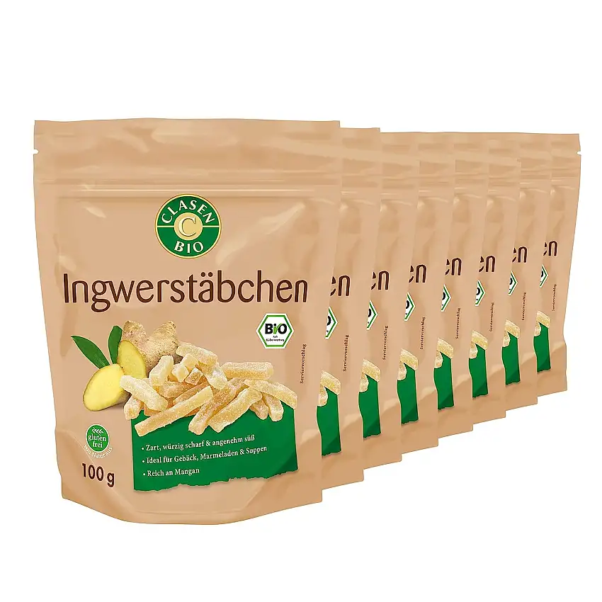 8x CLASEN BIO Ingwerstäbchen, getrocknet, mit Rohrzucker gesüßt - 100g