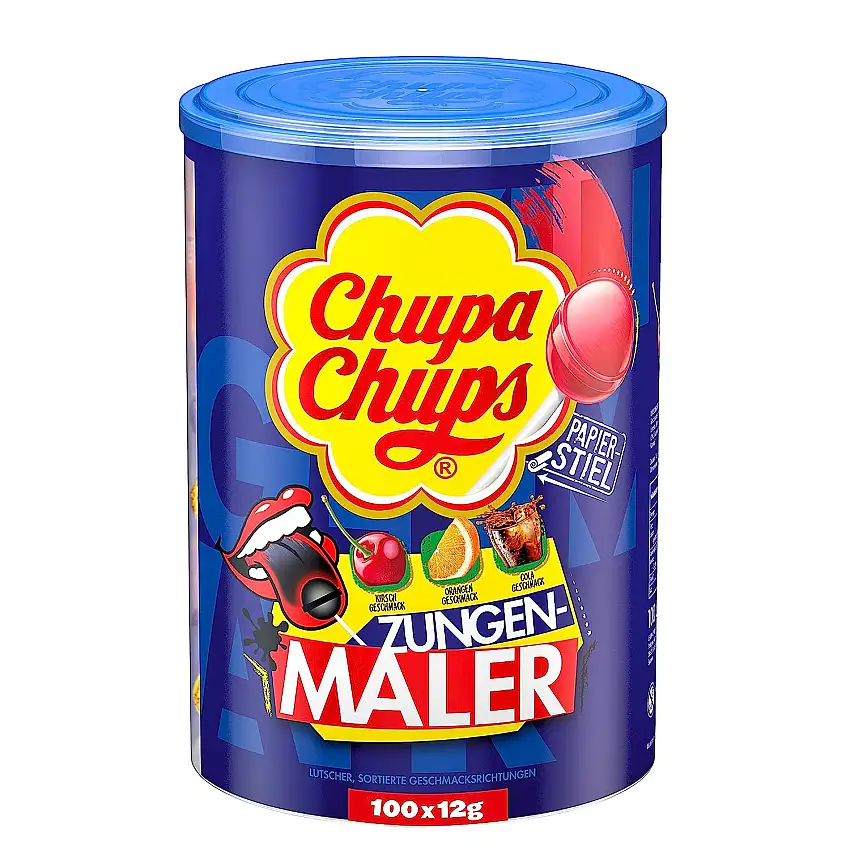 Chupa Chups Zungenmaler Lutscher-Dose, praktische Box mit 100 Lollis in den 3 Sorten Cola, Kirsch & Orange, zungenfärbende Lollipops, 100 x 12g