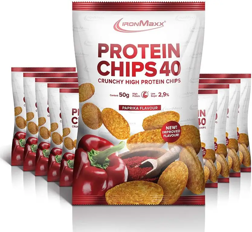 IronMaxx Protein Chips 40 - Paprika Geschmack - 10er Pack / 10x 50g - High Protein, Low Carb, glutenfrei - fettarm und zuckerreduziert - 20g Protein pro Tüte - Designed in Germany