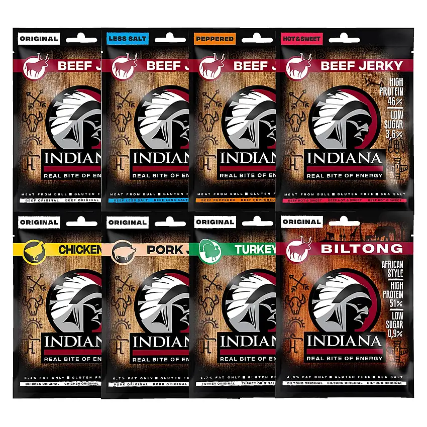 Indiana Jerky MIX, High Protein Trockenfleisch, ohne Zuckerzusatz, Gluten-frei (8 x 25g) (8 Sorten MIX)