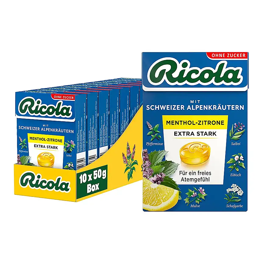Ricola EXTRA STARK Menthol-Zitrone, 10 Böxli Original Schweizer Kräuter-Bonbons mit 13 Alpenkräutern & natürlichem Menthol, zuckerfrei, 10 x 50g
