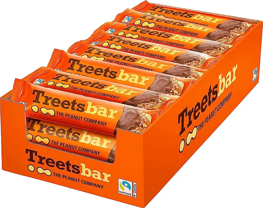 TREETS - THE PEANUT COMPANY Treetsbar Crunchy Peanut Riegel Vorratspack – Crunchy, Crispy, Tasty – Leckere Waffel umhüllt von Karamell mit Erdnussstückchen und Schokolade (24 x 45g)