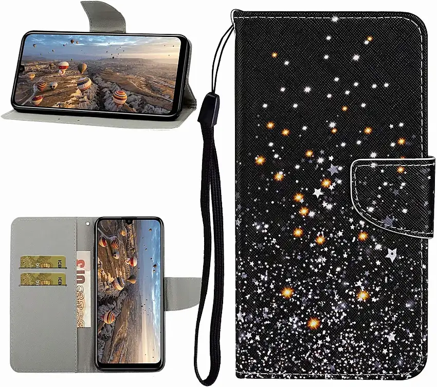 Miagon Hülle für Samsung Galaxy A51,Handyhülle PU Leder Brieftasche Schutz Flip Case Wallet Cover Klapphüllen Tasche Etui mit Kartenfächern Stand,Star