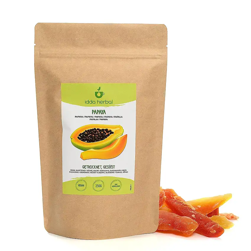 Papaya getrocknet (250g), Papayastücke, Papayastreifen, wiederverschließbar verpackt, vegan