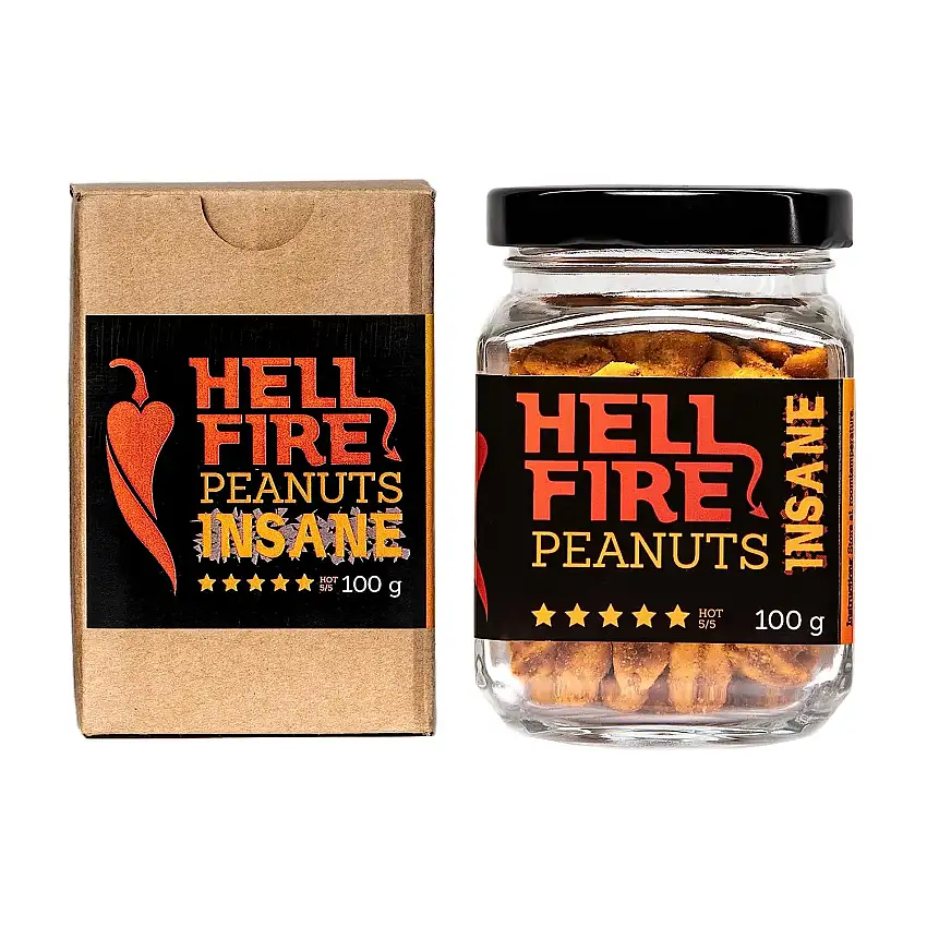 I LOVE SPICY Hellfire Peanuts Insane Extrem Scharfe Erdnüsse Gewürzt mit Carolina Reaper Chili Pfeffer 100 g, Schärfe 5/5