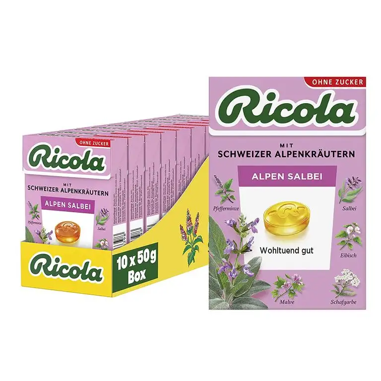 Ricola Alpen Salbei, 10 Packungen Schweizer Kräuter-Bonbons zuckerfrei mit Salbei, 500 g