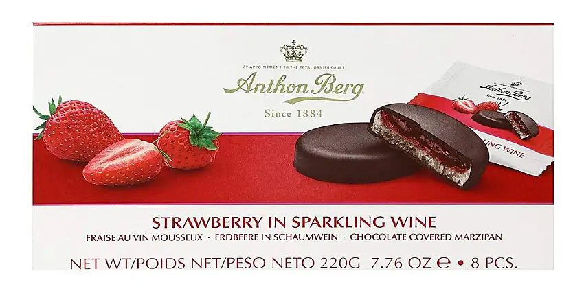Strawberry in sparkling wine 984051 Chocolade mit Marzipan (41%) und Füllung (25%) mit Erdbeeren in sparkling wineine