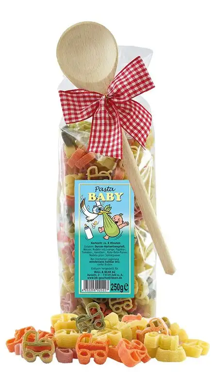 Pasta Präsent Baby mit bunten Kinderwagen-Nudeln handgefertigt in deutscher Manufaktur