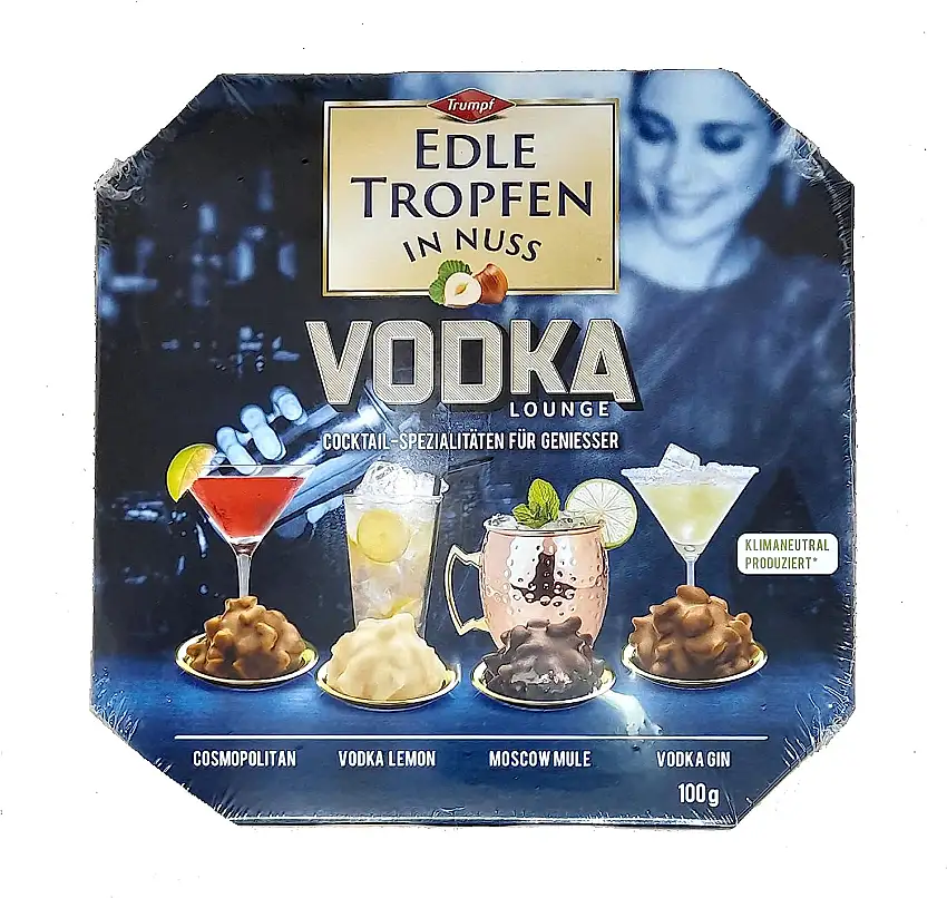 EDLE TROPFEN IN NUSS - VODKA LOUNGE (100 g / 4 Vodka - Cocktail Spezialitäten) ALKOHOL PRALINEN
