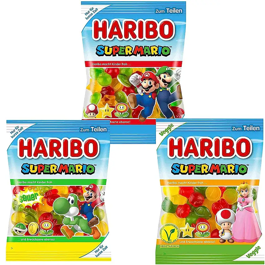 Haribo Super Mario - Special Limited Edition Fruchtgummi - 3 verschiedene Sorten - Sauer, Veggie und Original - 3 x 175g