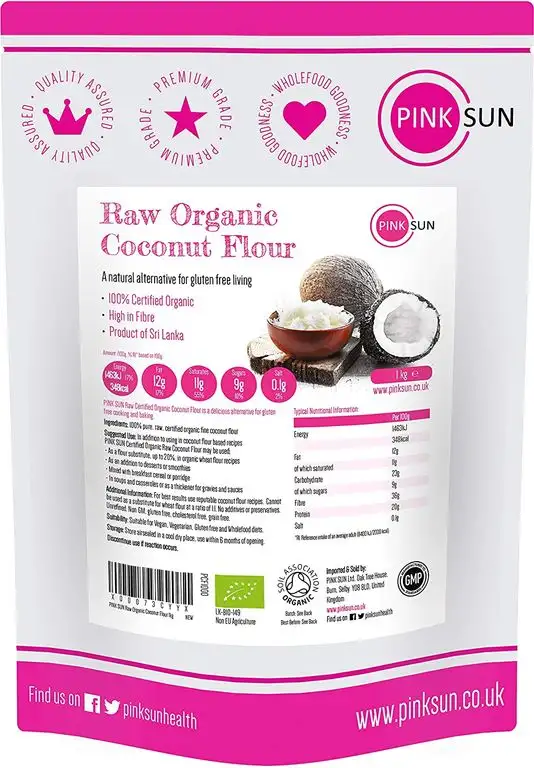 PINK SUN Kokosmehl Bio 1kg Roh Entölt Glutenfreies Low Carb Baken Vegan Vegetarier Ohne Zucker Gluten-frei Mehl Kokos Raw Organic Coconut Flour Fine Bulk 1000g