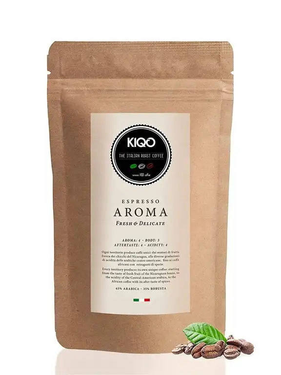 KIQO Aroma 500g Espresso aus Italien | in schonenden Kleinstchargen geröstet | säurearm | 65% Arabica & 35% Robusta Bohnen (500g - ganze Bohnen)