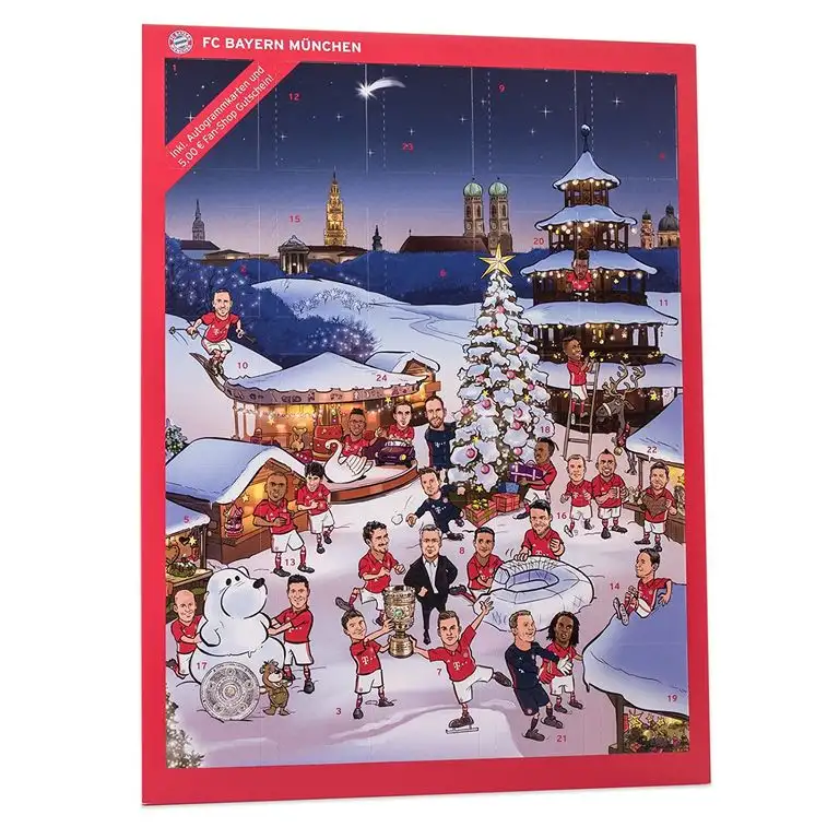 FC Bayern Adventskalender 2016 mit Schokolade und Autogrammkarten