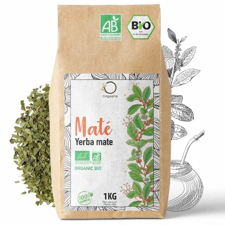 ☘️ BIO YERBA MATE 1 KG | Grüner Mate Tee, Blätter, Ungeröstet, ohne Stängel und nicht pulvrig | Energie und Detox Getränk
