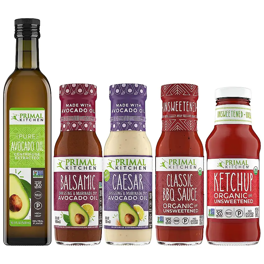 Primal Kitchen Dressing & Sauce Essential Kit mit extra nativem Avocadoöl, Caesar und Balsamico Dressing, ungesüßtem Ketchup und BBQ-Sauce, 5 Stück