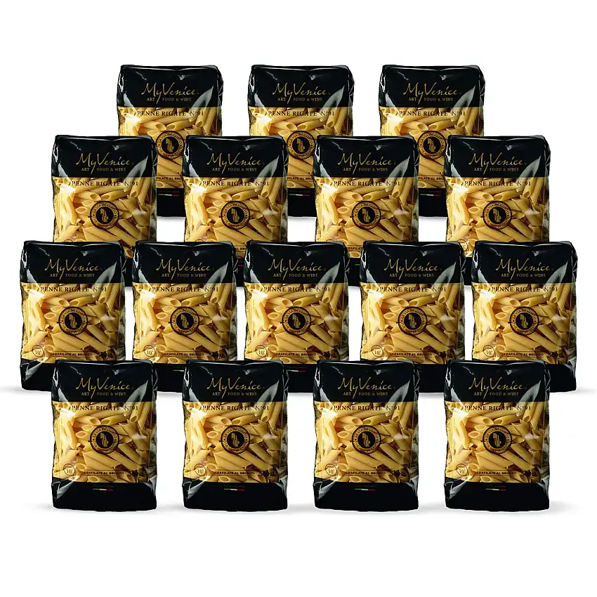 MyVenice - Pasta Penne Rigate No. 91 | Die klassischsten Formate italienischer Exzellenz | 100% italienischer Hartweizen, in Bronze gezogen und langsam getrocknet | 16 Packungen à 500g