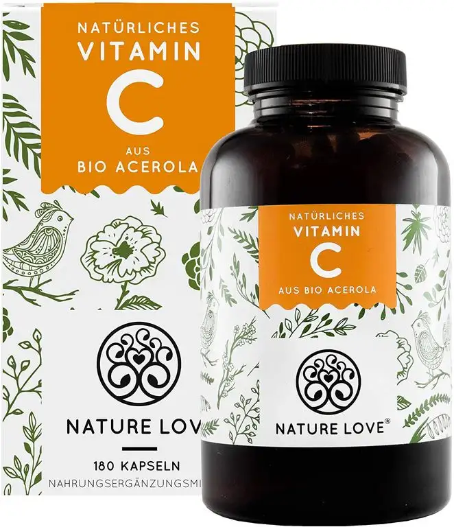 NATURE LOVE® Natürliches Vitamin C in Bio Qualität - Vergleichssieger 2020* - 180 Kapseln - Aus Bio Acerola Extrakt - Laborgeprüft, vegan und in Deutschland produziert