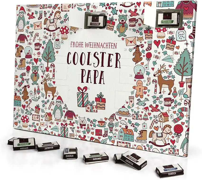 printplanet - Adventskalender mit Namen Coolster Papa - gefüllt mit Schokoladen-Füllung - personalisiert mit Namens-Motiv Christmasicons - Schoko-Kalender, Weihnachtskalender, Namenskalender