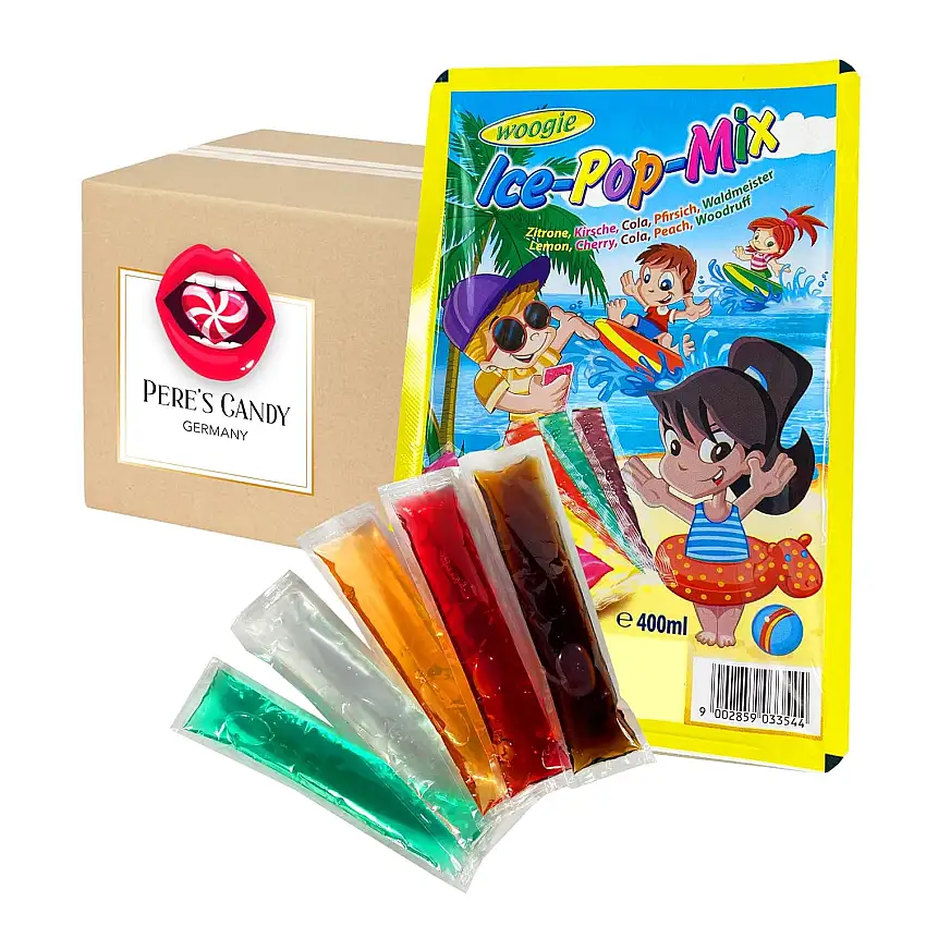 5 x 400ml Frucht Wassereis in Tüten • Mix Stangeneis zum einfrieren • Eis Sticks in 5 Geschmacksrichtungen von Pere's Candy® Box mit Geschenk