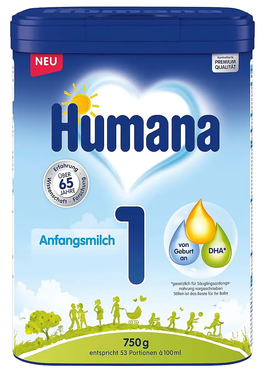 Humana Anfangsmilch 1, von Geburt an, Milchpulver für Säuglingsmilch, zusätzlich zur Muttermilch oder als alleinige Babynahrung, Anfangsnahrung mit DHA und nur Laktose, 750 g
