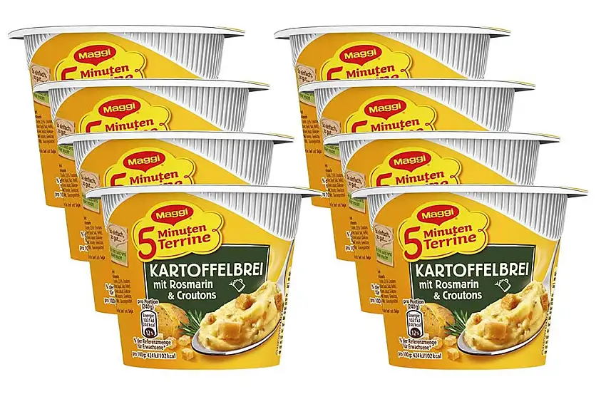 MAGGI 5 Minuten Terrine Kartoffelbrei: Rosmarin & Croutons, leckeres Fertiggericht, Instant Kartoffel-Püree, herzhafter Kartoffel-Snack, 8er Pack (8 x 53 g)