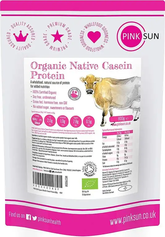 PINK SUN Kasein Micellar Protein Pulver Bio 800g Neutral Geschmacksneutral Glutenfrei ohne Zucker ohne Zusatzstoffe Soja frei Native Natürliche Vegetarier