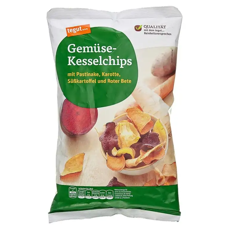 tegut... Gemüsechips-Kesselchips mit Pastinake, Karotte, Süßkatoffel und roter Bete, 1 x 100 g