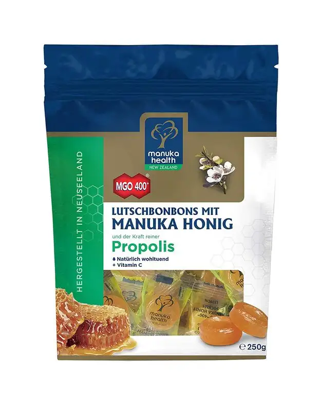 Manuka Health - MGO 400 + Lutschbonbons mit Propolis 250 g - 100% Pur aus Neuseeland mit zertifiziertem Methylglyoxal Gehalt und Vitamin C Bonbons