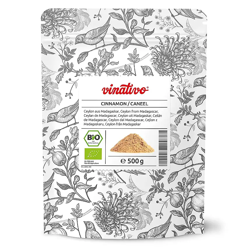 vinativo Zimt BIO – Ceylon aus Madagaskar – 500g – Pulver – fein gemahlen und schonend getrocknet– bio Rohkost-Qualität – zum Backen oder Würzen – aus kontrolliert biologischem Anbau
